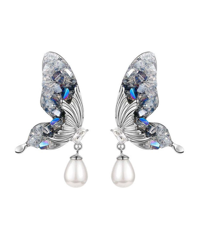 Blue Sterling Silver Zircon Pearl Crystal Butterfly Water Droplet Drop Earrings