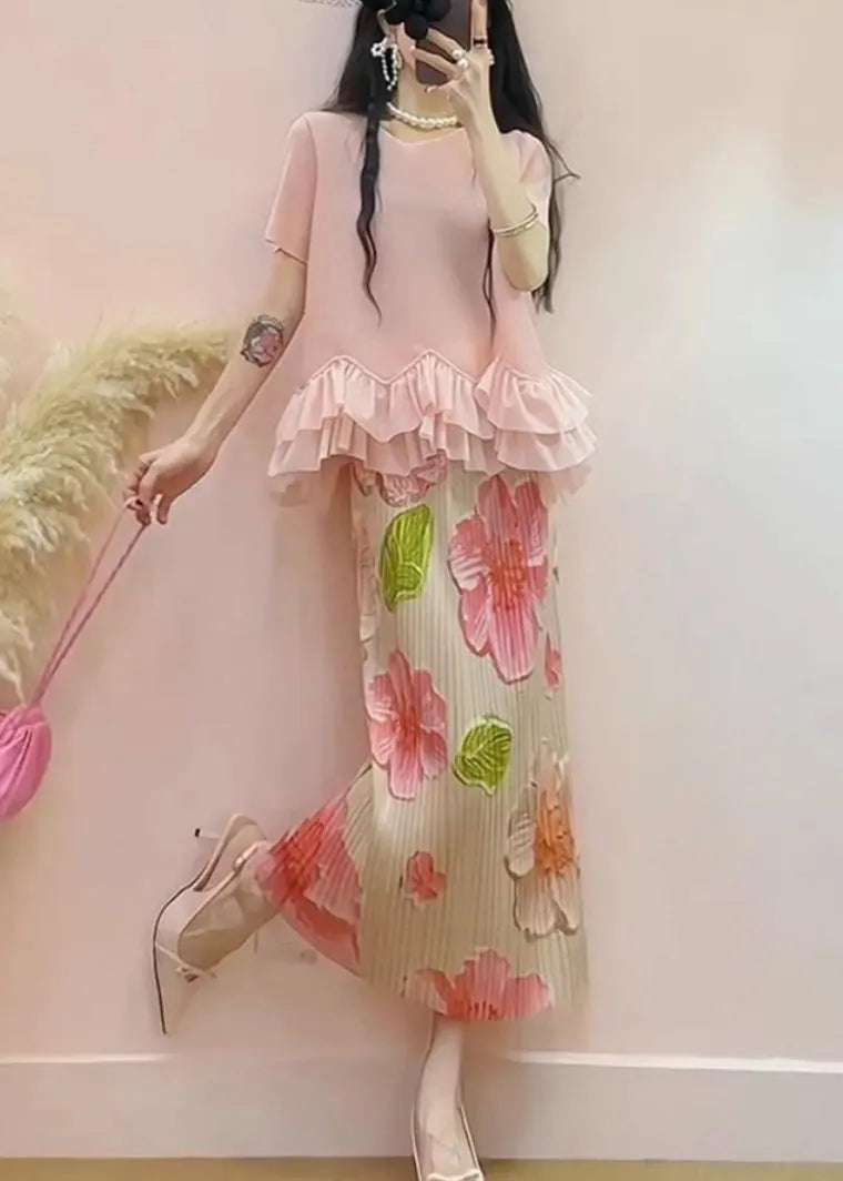 Pink Ruffled Patchwork Jacquard Silk Two Pieces Set Summer