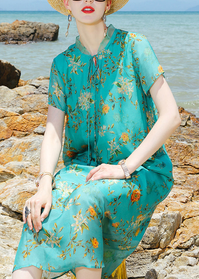 Green Stand Collar Lace Up Print Silk a Line Dress Short Sleeve