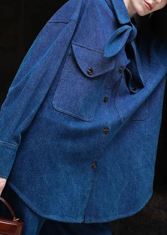 Denim Blue Peter Pan Collar Button Shirt and Pants Two Pieces Set Fall