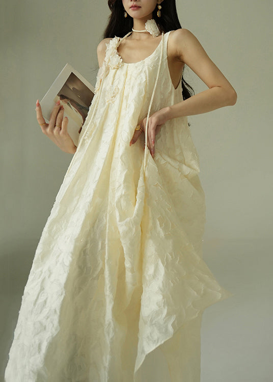 Jacquard Beige Tie Waist Cotton Party Dress Sleeveless