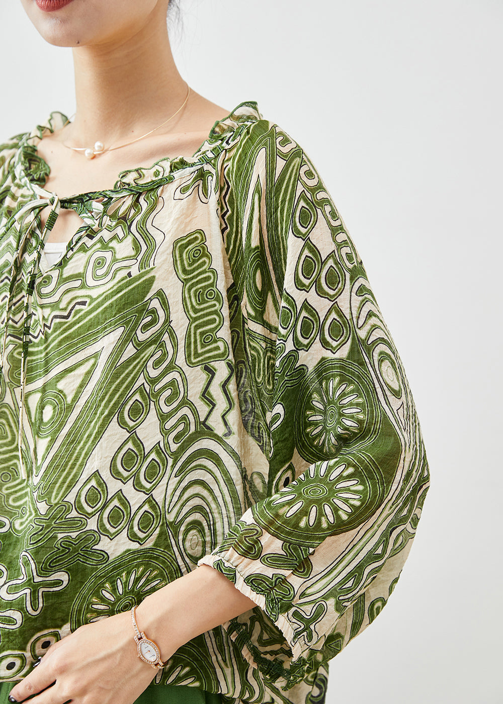 Green Ruffled Print Linen Two-piece Set Fall