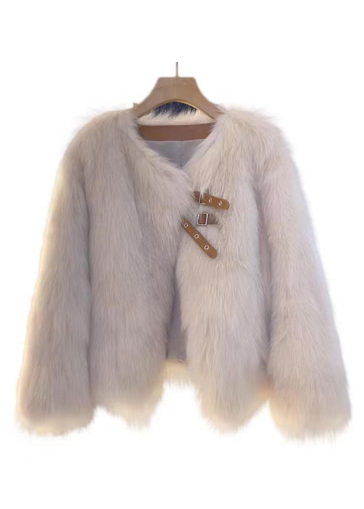 Coffee Button Leather and Fur Coat Long Sleeve