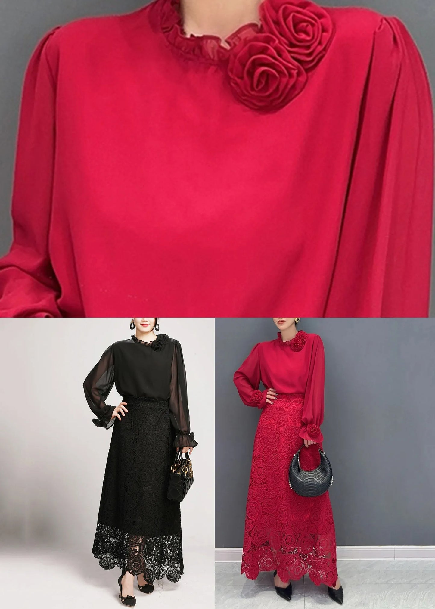 Fine Red Rose Lace Shirts and Maxi Skirts Two Pieces Set Fall