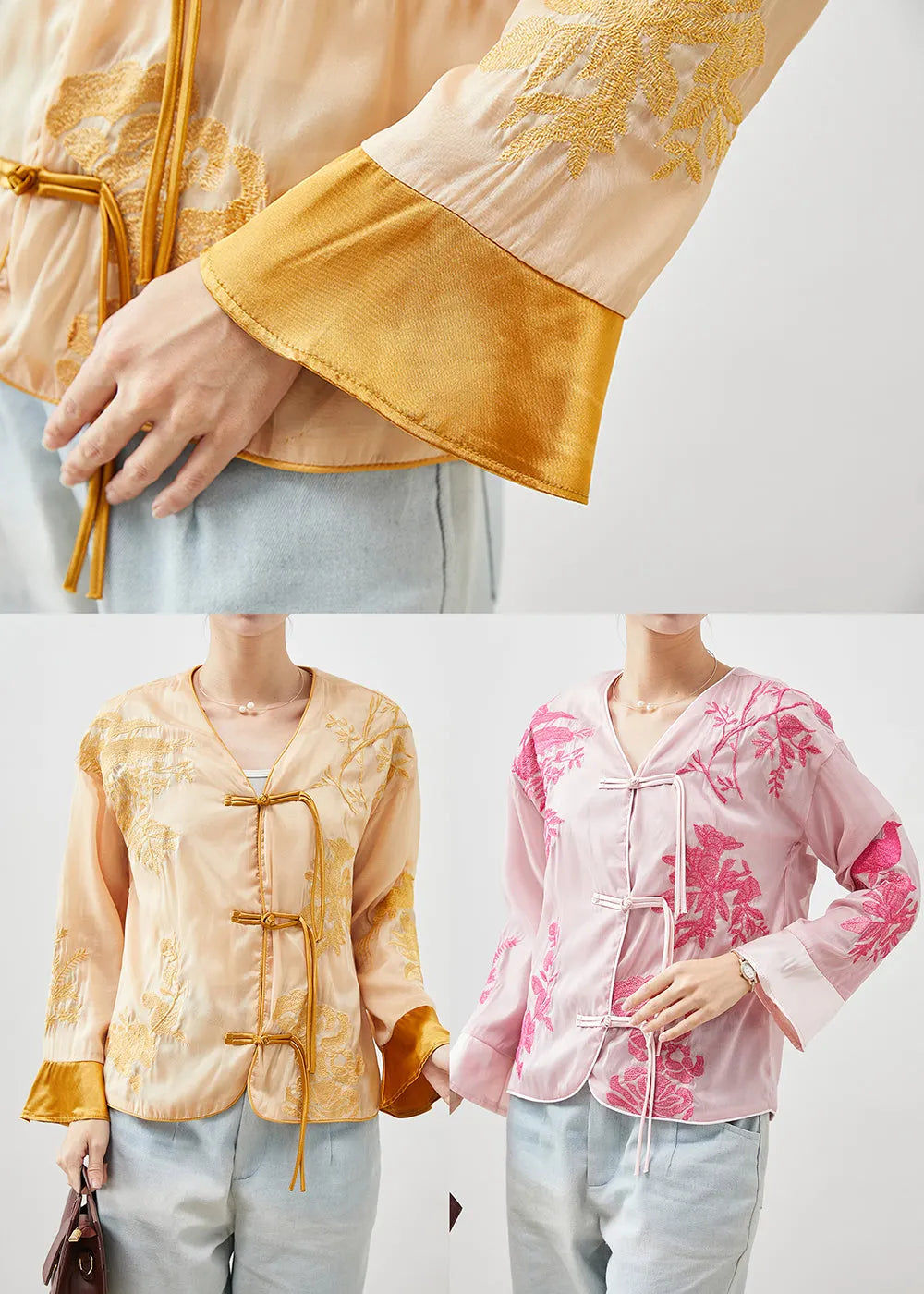 Chinese Style Yellow Embroideried Silk Top Fall