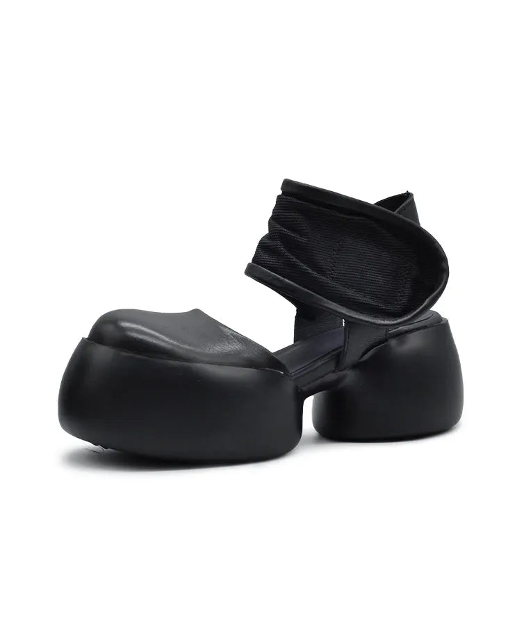 New Black Cowhide Leather Chunky Sandals