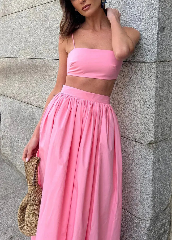 Fitted Pink Silm Fit Cotton Strapless Tops and Skirts Sets 2 Pieces Summer