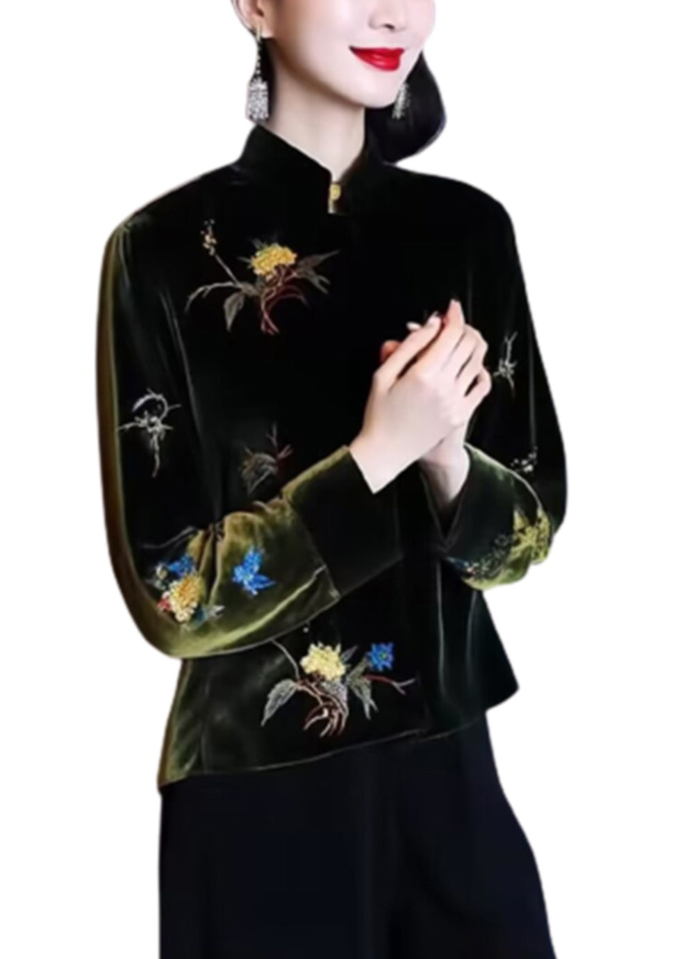 Loose Black Stand Collar Embroideried Patchwork Silk Velour Top Long Sleeve