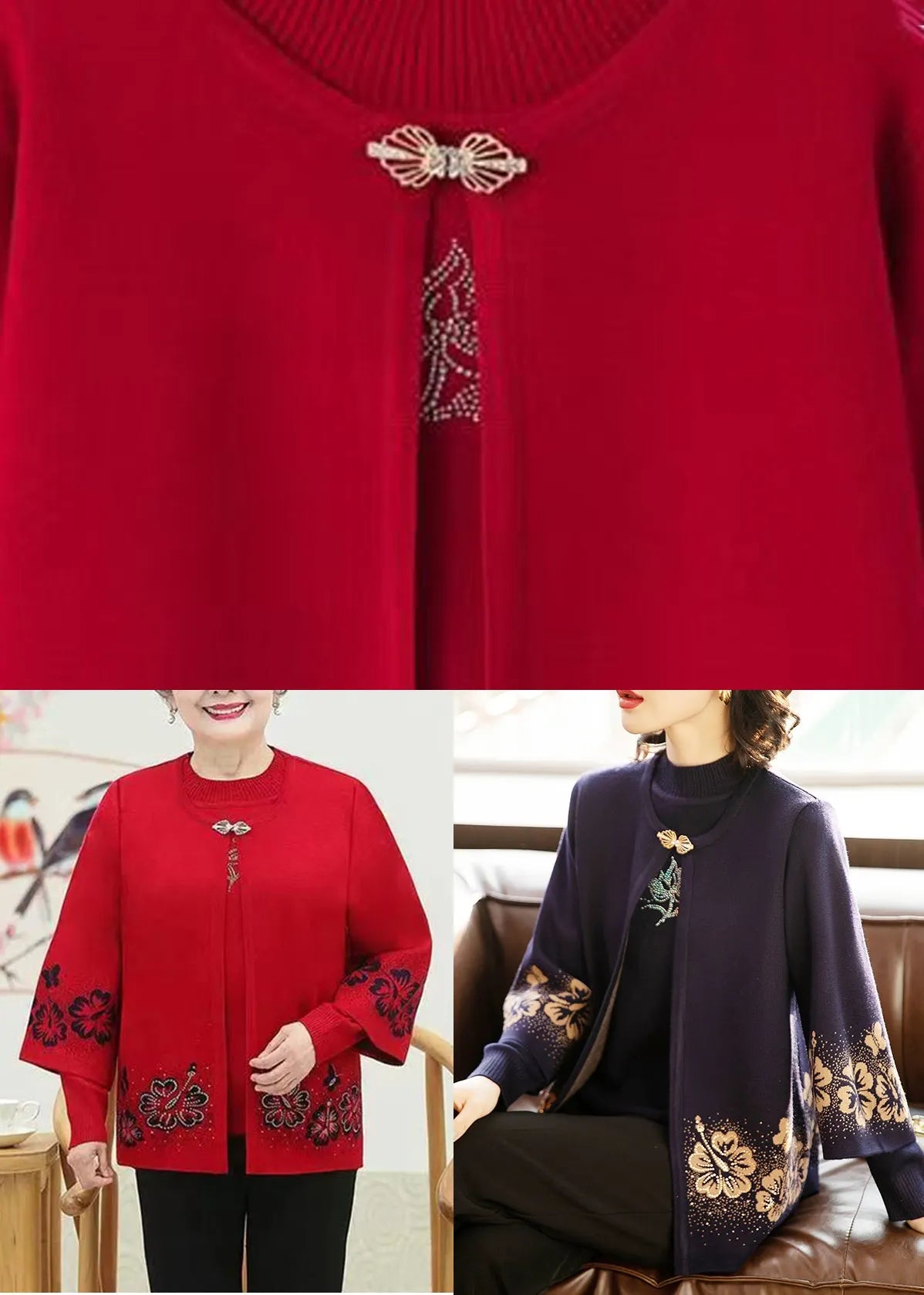 Red O-neck Zircon Cotton Knit Coats and Sweaters Two Pieces Set Fall