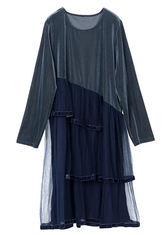 French Navy Asymmetrical Tulle Patchwork Silk Velour Dresses Spring