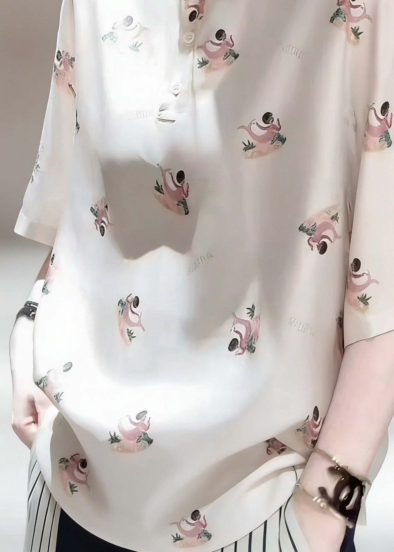 Peter Pan Collar Print Patchwork Silk Shirts Half Sleeve