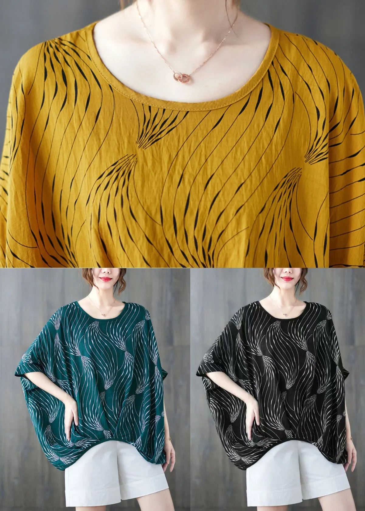 Green O-neck Print Cotton Pullover Tops Short Sleeve