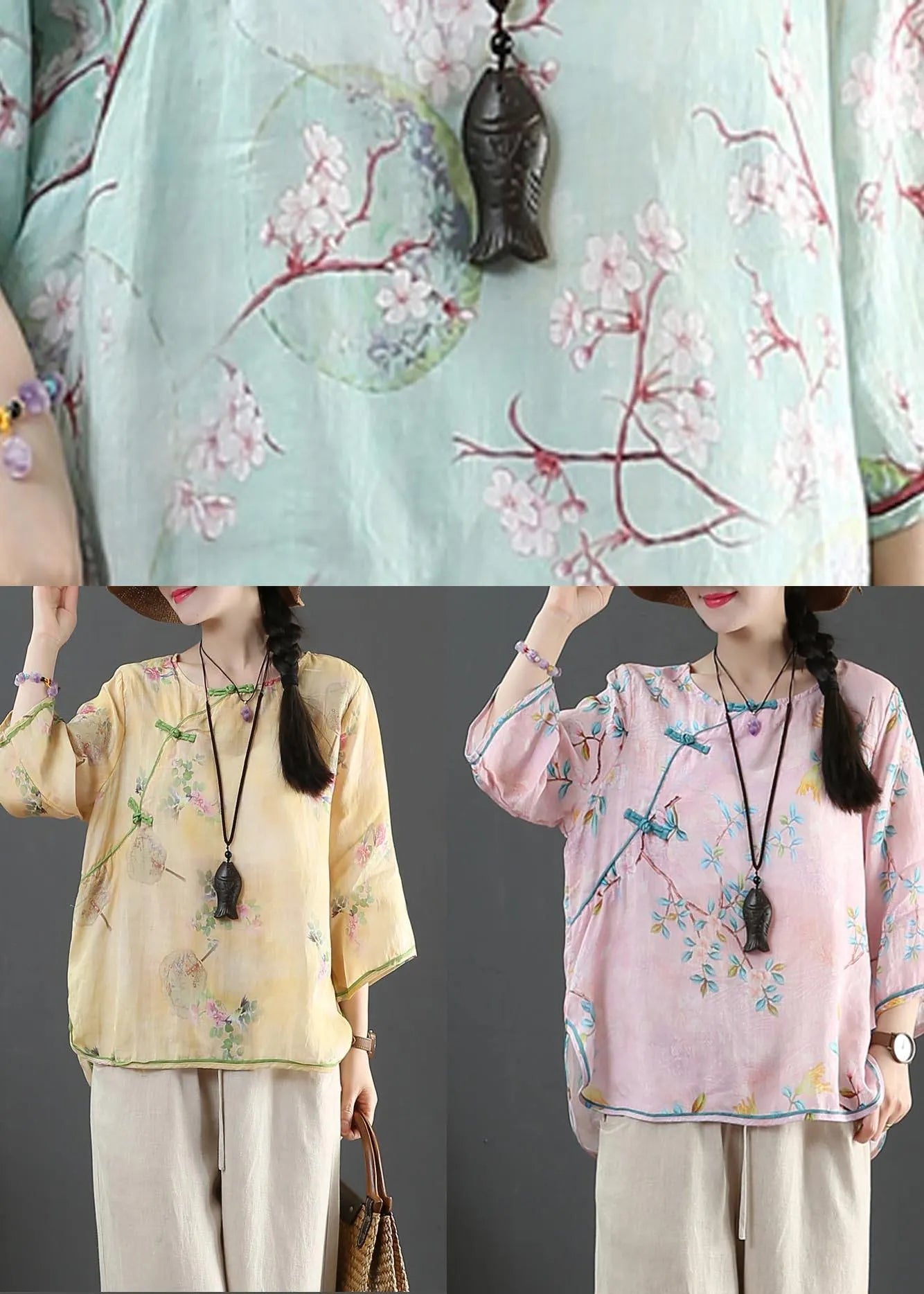 Organic Blue Print Linen Half Sleeve Top Summer