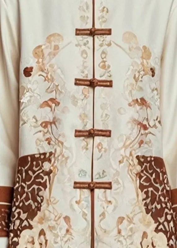 Beige Print Stand Collar Fall Coats