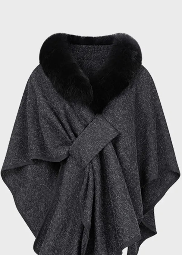 Dark Grey Fur Collar Coats Batwing Sleeve