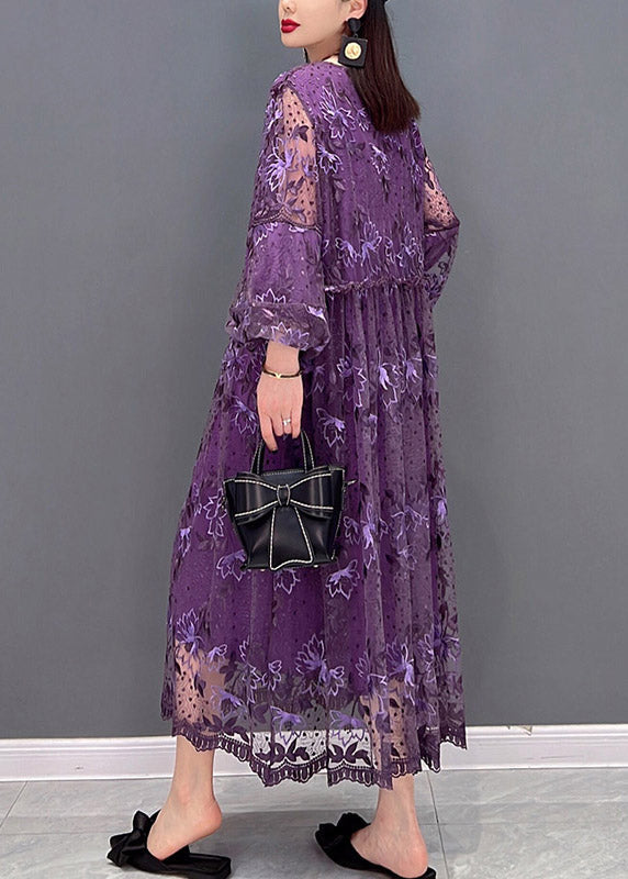 Purple O-neck Ruffled Print Lace Long Dress Lantern Sleeve
