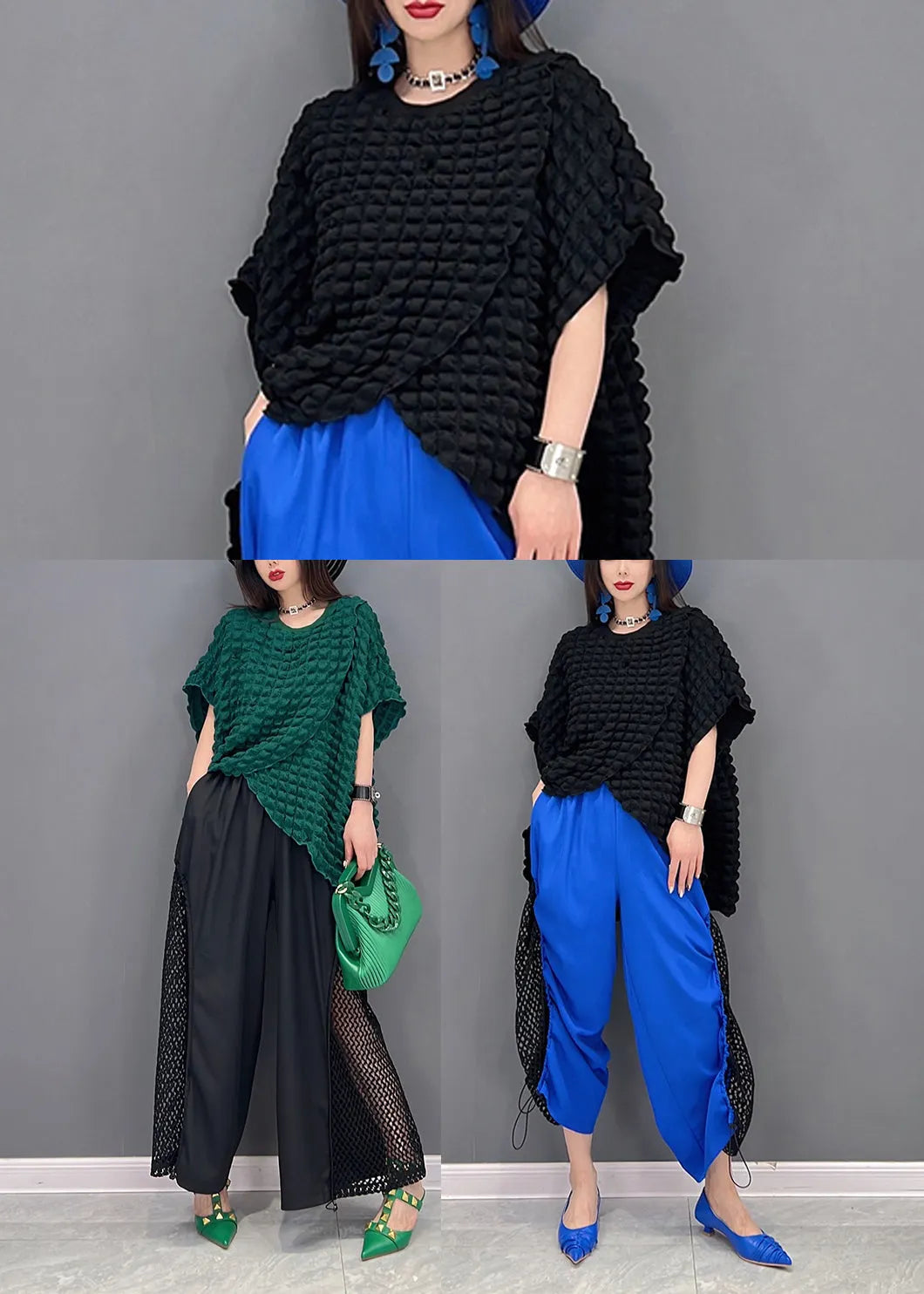 Blue Patchwork Tulle Top and Crop Pant Two Piece Set Clothing Drawstring Summer