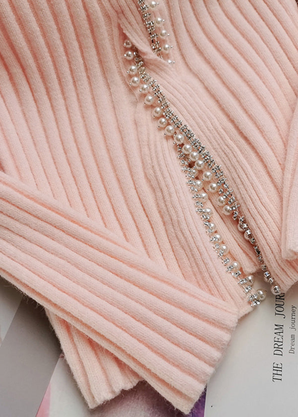 Pink V Neck Nail Bead Silm Fit Knit Sweaters Winter