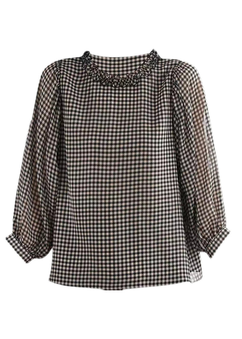 Boutique Black White Plaid O-neck Button Ruffled Silk Top Puff Sleeve
