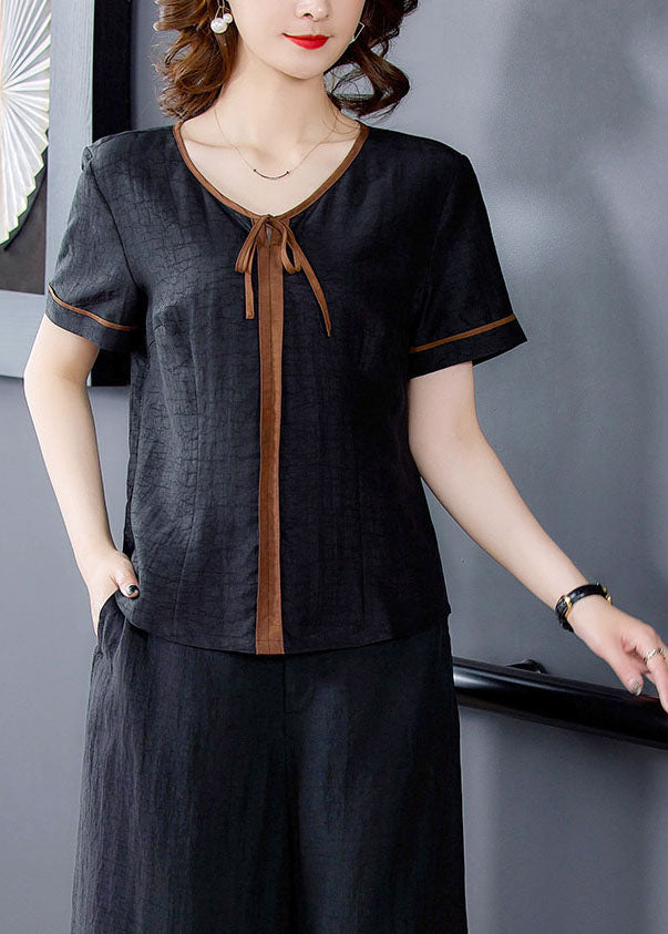 Fitted Black V Neck Patchwork Silk Two Pieces Set Summer