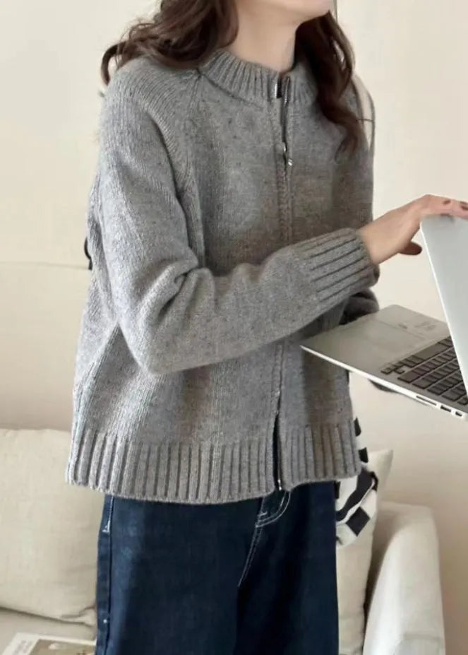 Loose Beige Zippered Patchwork Cozy Knit Coats Long Sleeve