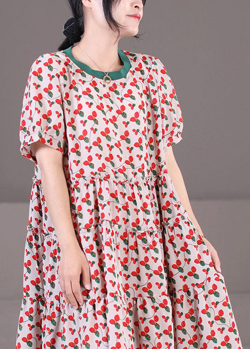 Red O-neck Patchwork Print Cotton a Line Dress Short Sleeve