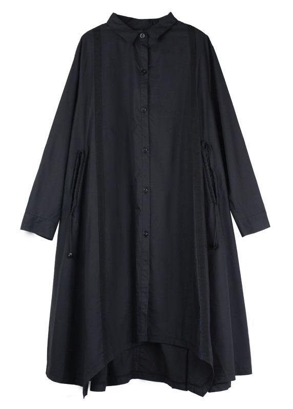 Black Pockets Asymmetrical Design Fall Cotton Long Shirts Long Sleeve