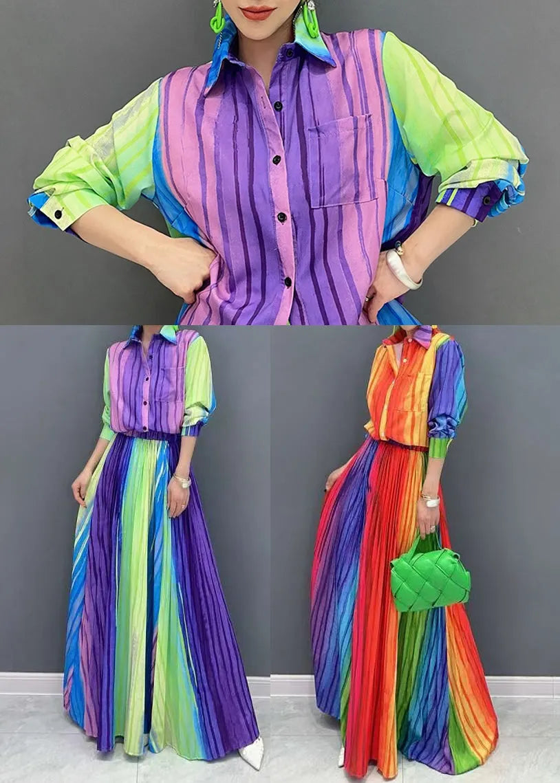 Italian Rainbow Striped Cotton Pleated Two Pieces Set Fall