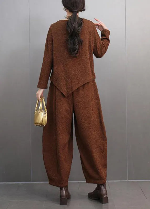 Brown O-neck Print T Shirts and Lantern Pants Two Pieces Set Spring
