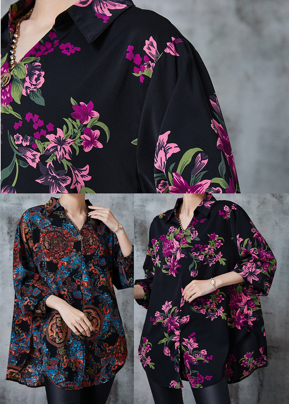 Purple Oversized Print Silk Blouse Top Summer