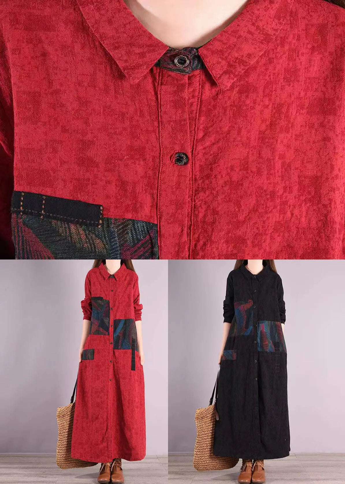 Red Peter Pan Collar Patchwork Cotton Shirts Dress Fall