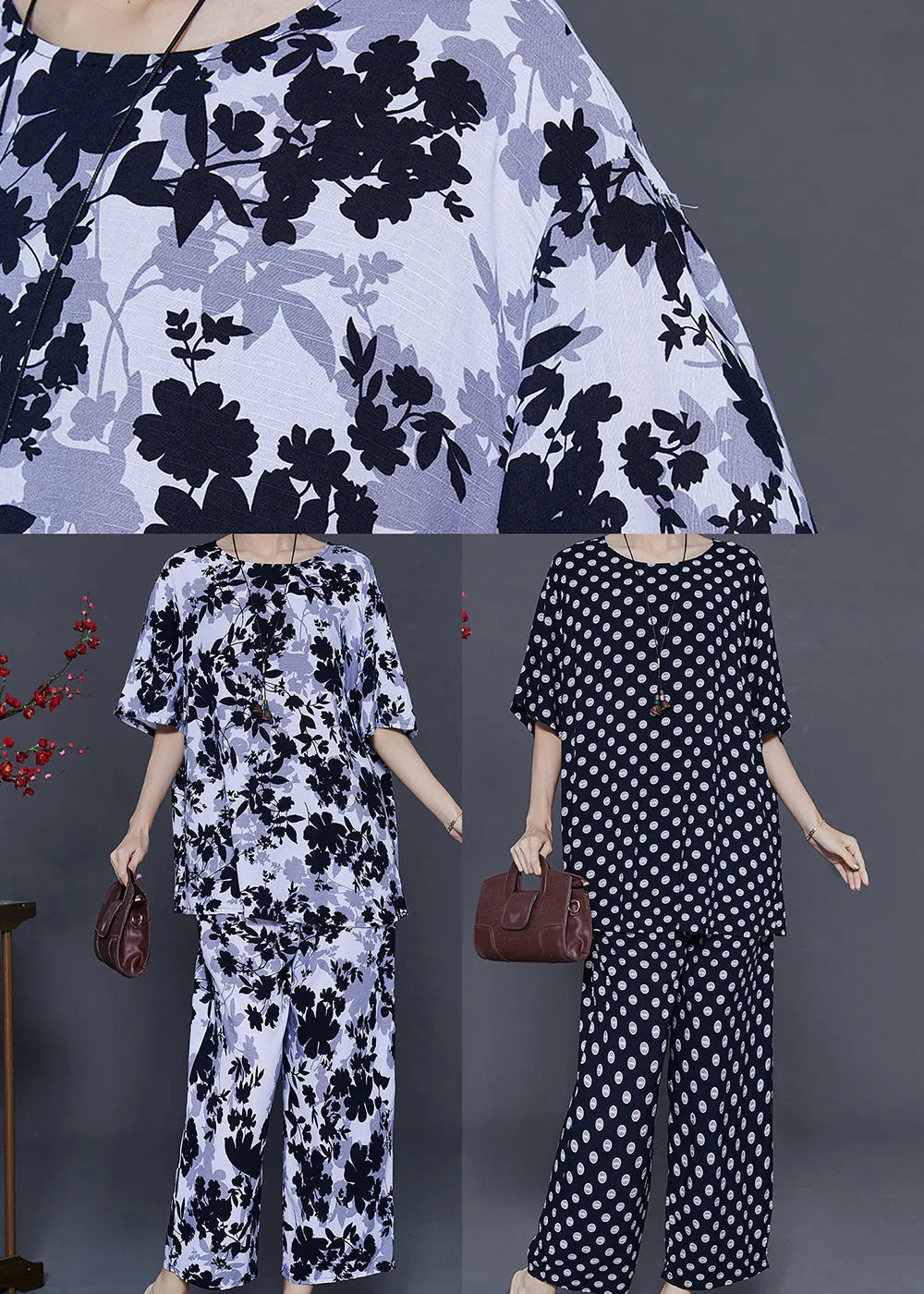 Black Round Dot Print Cotton Two-piece Set Oversized Summer