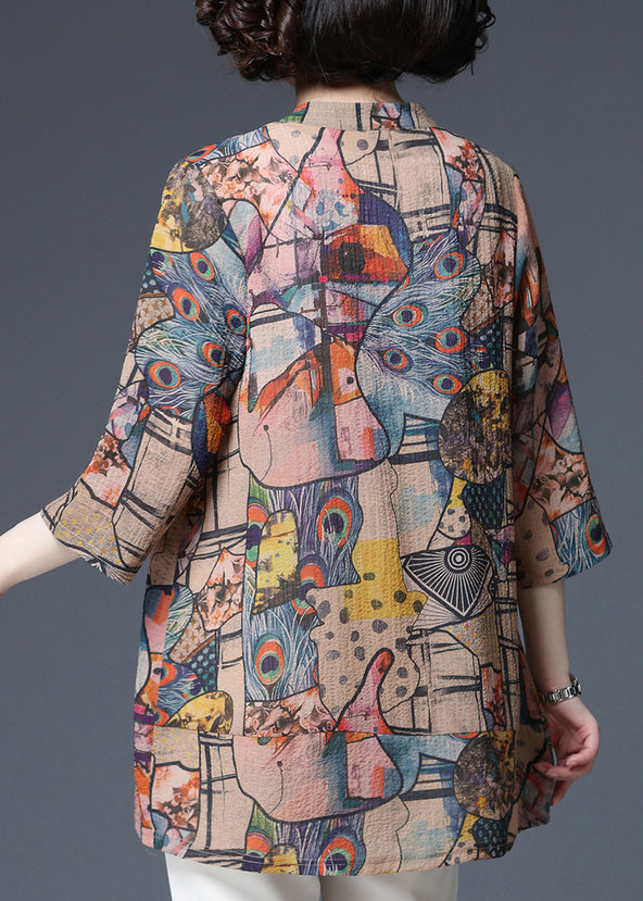 Modern V Neck Print Button Thin Shirt Top Three Quarter Sleeve