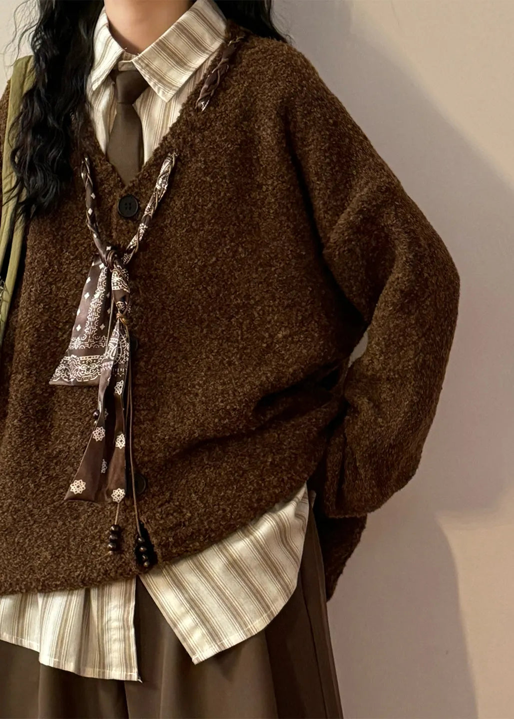 Grey V Neck Scarf Design Button Knit Coats Spring