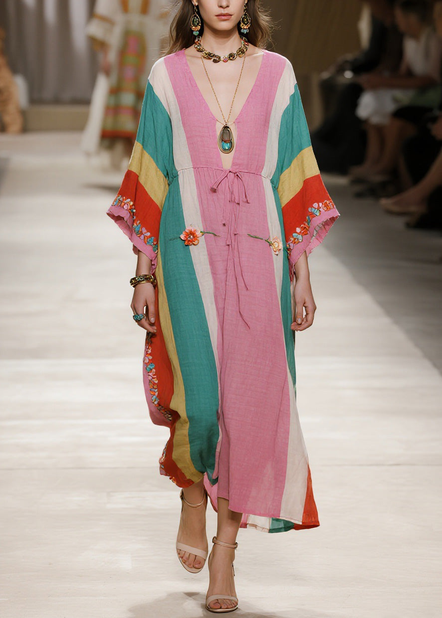 Colorblock V Neck Cotton Long Dresses Summer