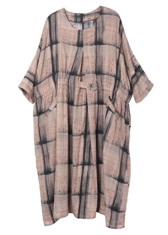 Chocolate Plaid Cotton Cinched Summer Holiday Dress