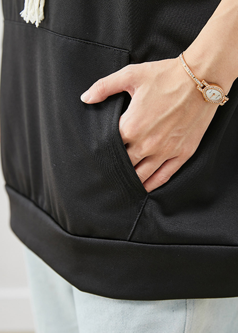 Black Hooded Drawstring Cotton Vest Fall