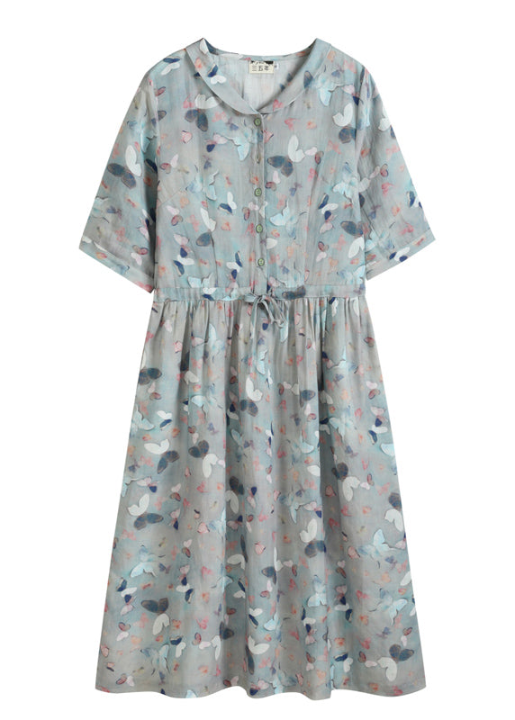 Grey Blue Peter Pan Collar Tie Waist Print Linen Vacation Dresses Half Sleeve