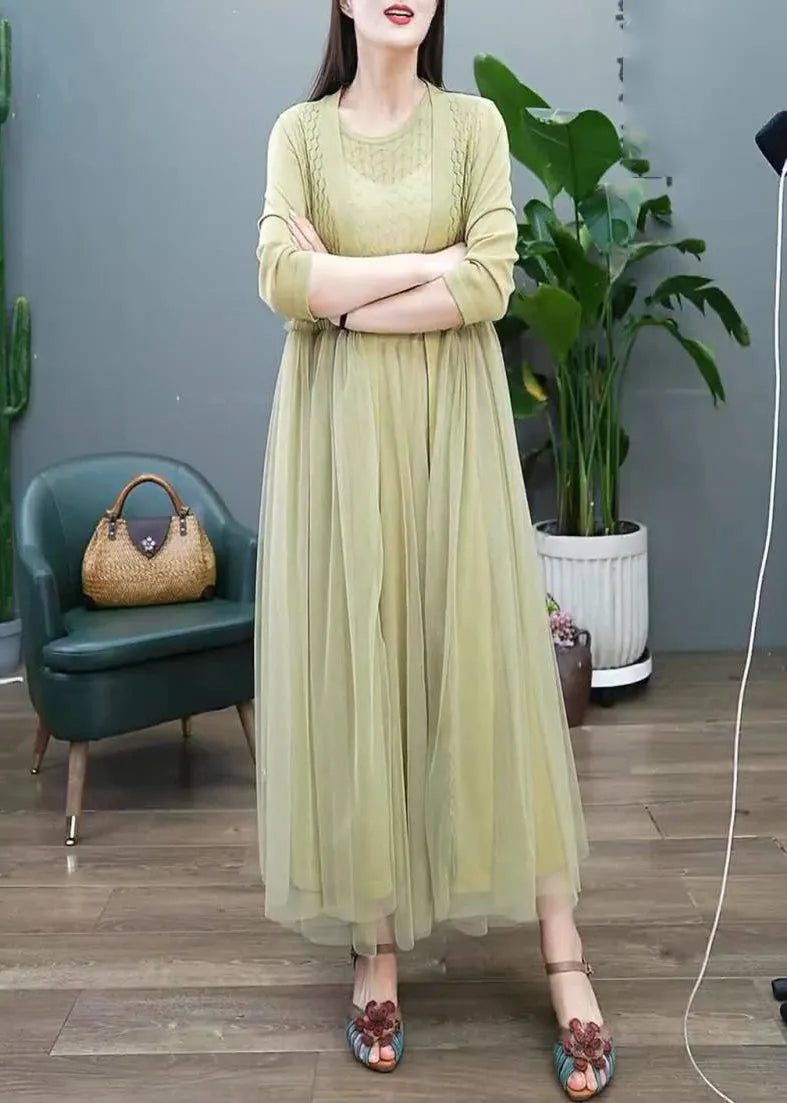 Organic Green Hollow Out O-neck Tulle Patchwork Long Dress Two Pieces Set Long Sleeve