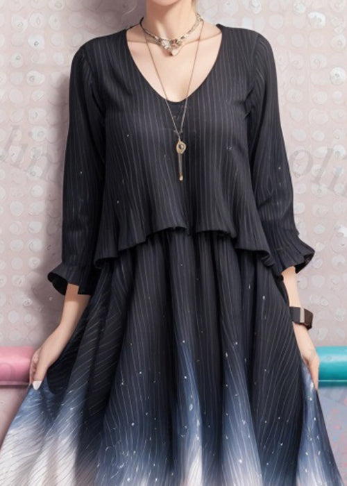 French Striped V Neck Print Cotton Dresses Bracelet Sleeve