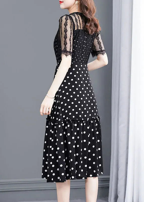 Black Dot Lace Patchwork Hollow Out Long Dresses Summer