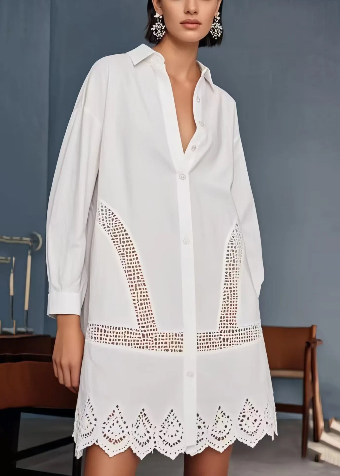 French White Oversized Hollow Out Cotton Day Dress Spring