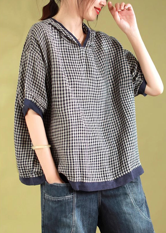 Navy Hooded Plaid Linen Shirt Tops Summer