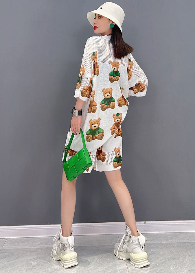 White Teddy Bear Print Cotton Tanks and Shorts Two Pieces Set Short Sleeve