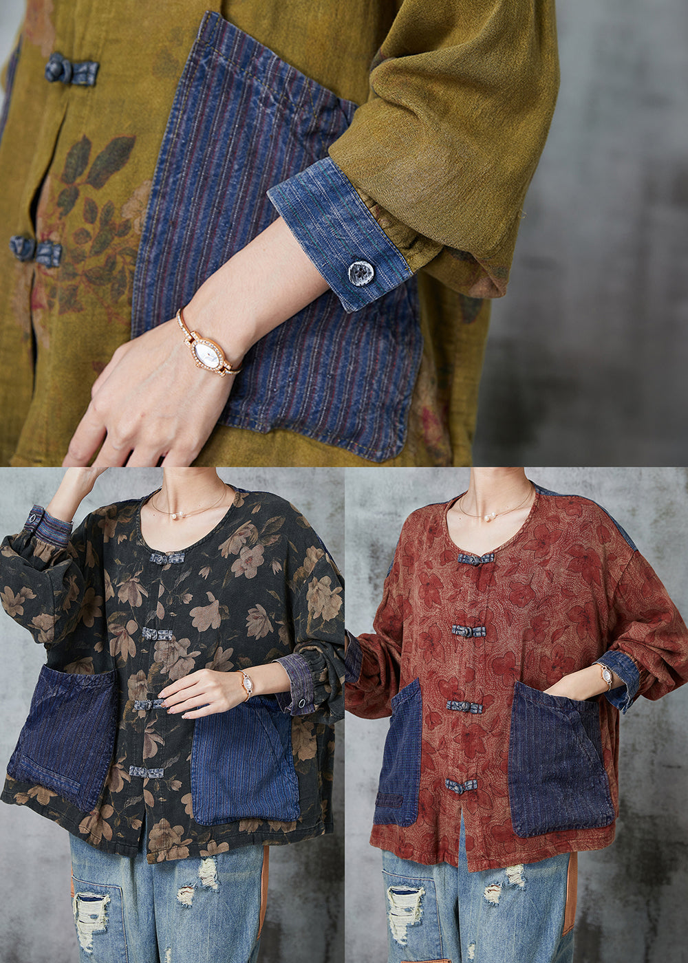 Grass Green Chinese Button Patchwork Linen Top Spring