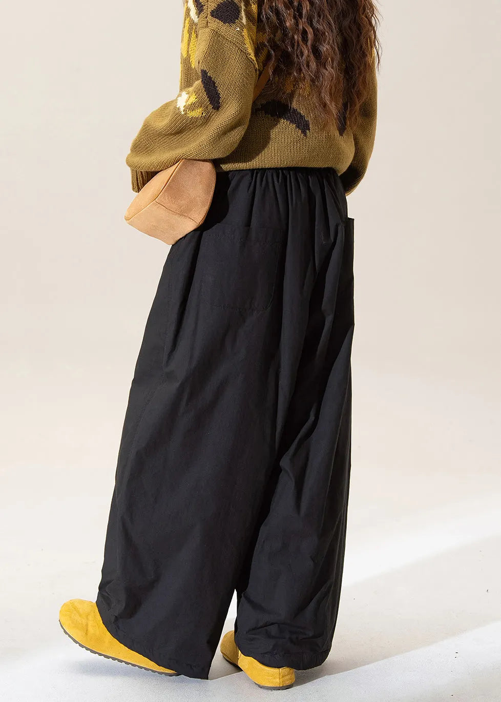 French Apricot Elastic Waist Fine Cotton Filled Pants Winter