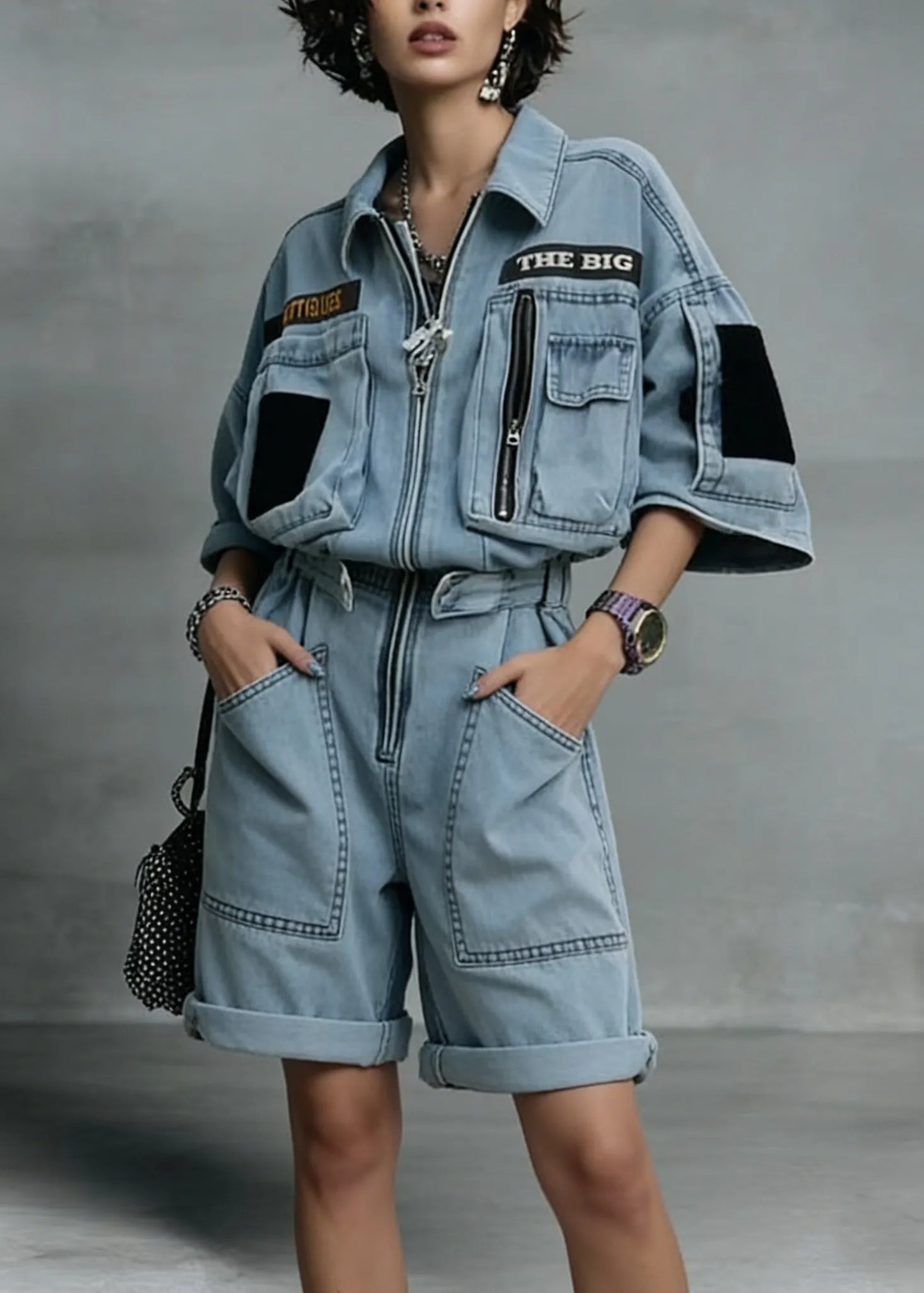 New Blue Zip Up Pockets Patchwork Denim Jumpsuit Summer