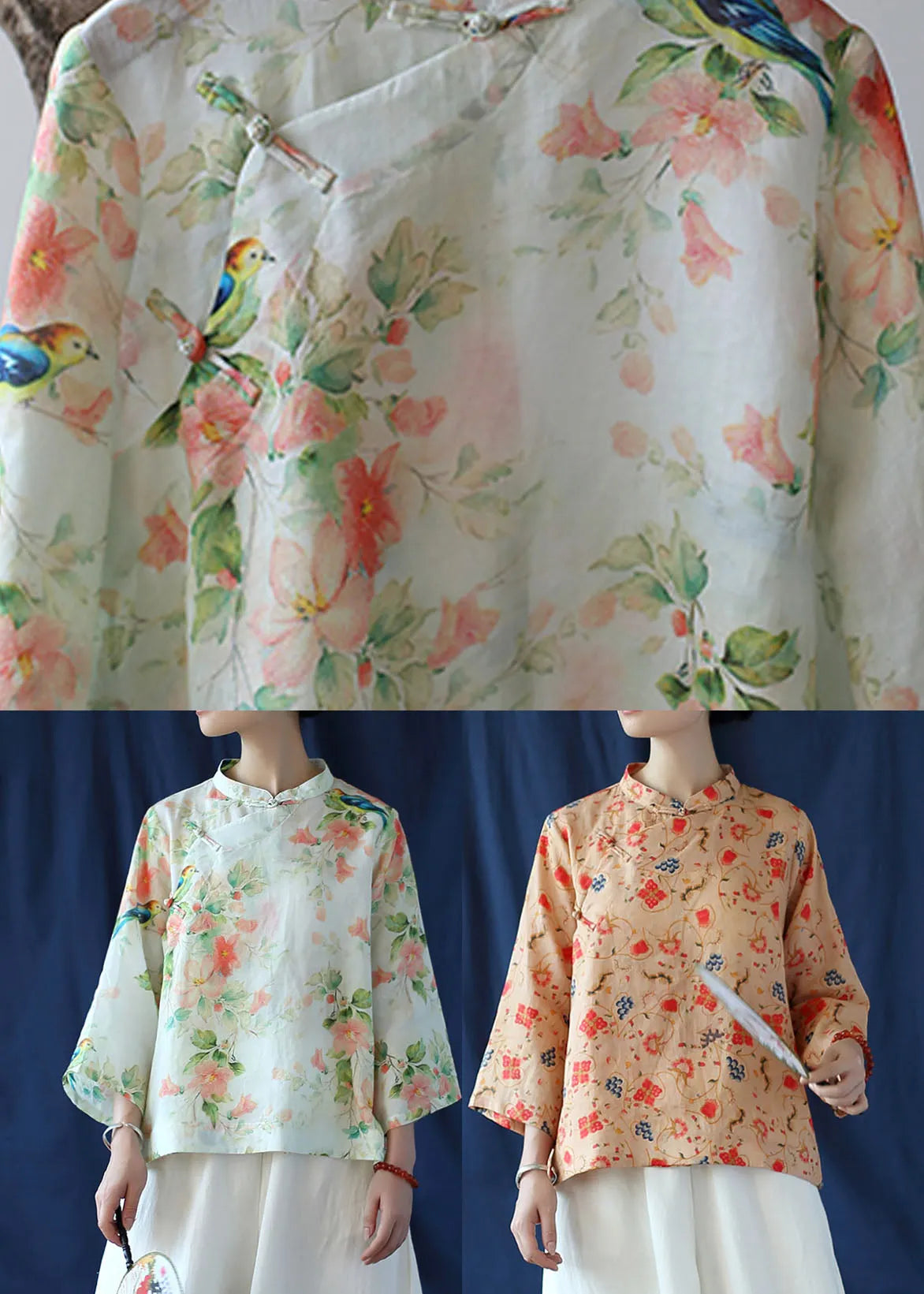 Beige Linen Shirt Top Stand Collar Low High Design Three Quarter Sleeve