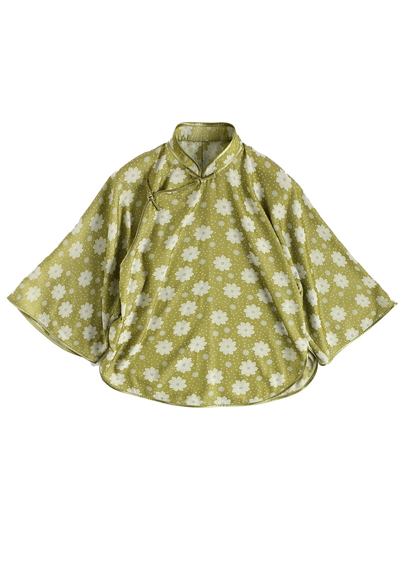 Chinese Style Yellow Green Jacquard Stand Collar Silk Top Three Quarter Sleeve
