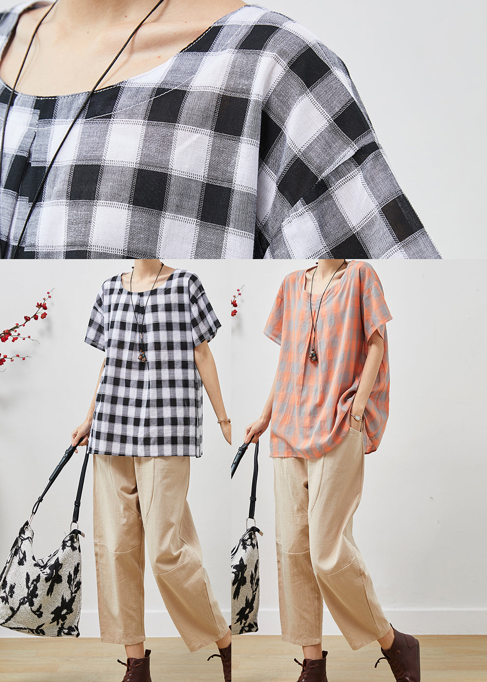 Orange Plaid Fine Linen Two Pieces Set O-neck Oversized Summer